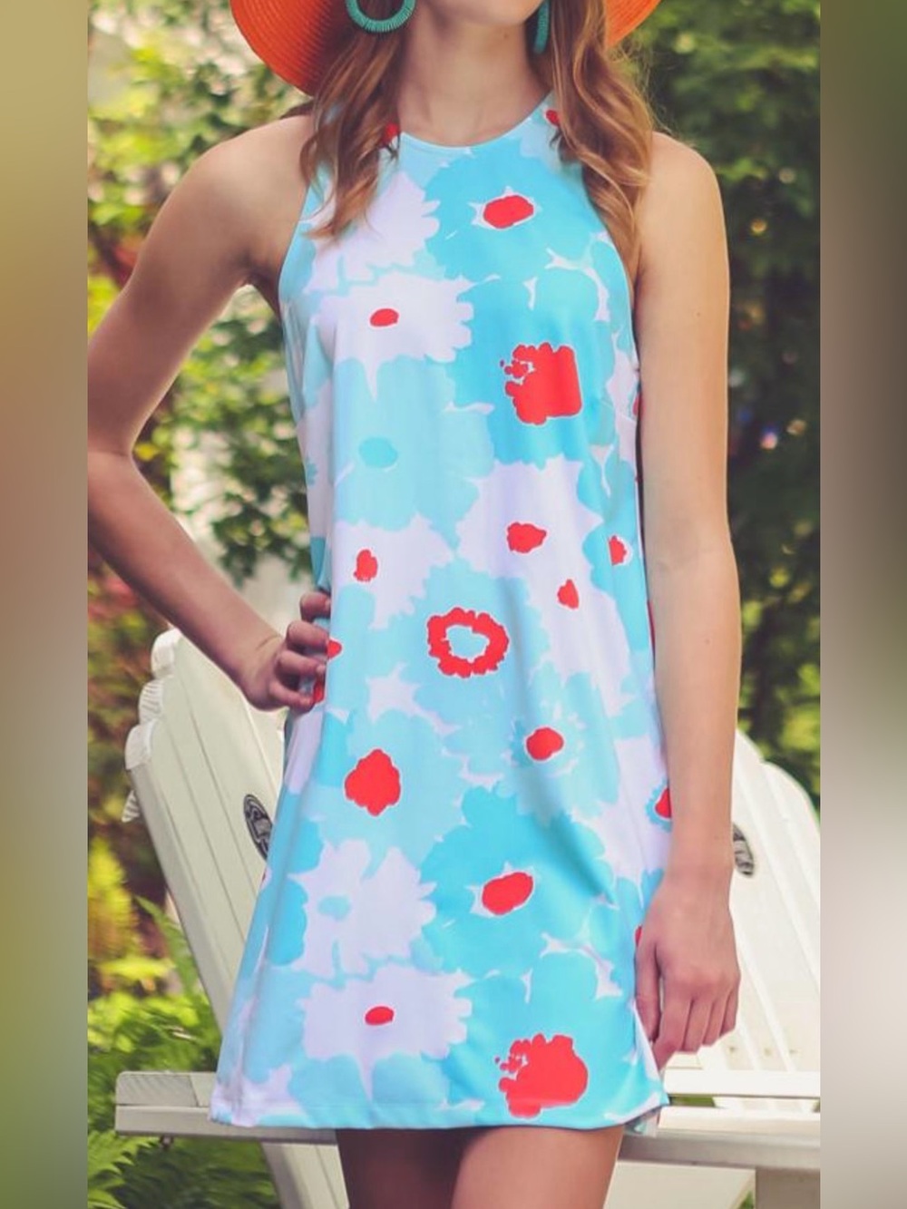 MAHI GOLD Aqua Floral Mini Dress with Coral Accents